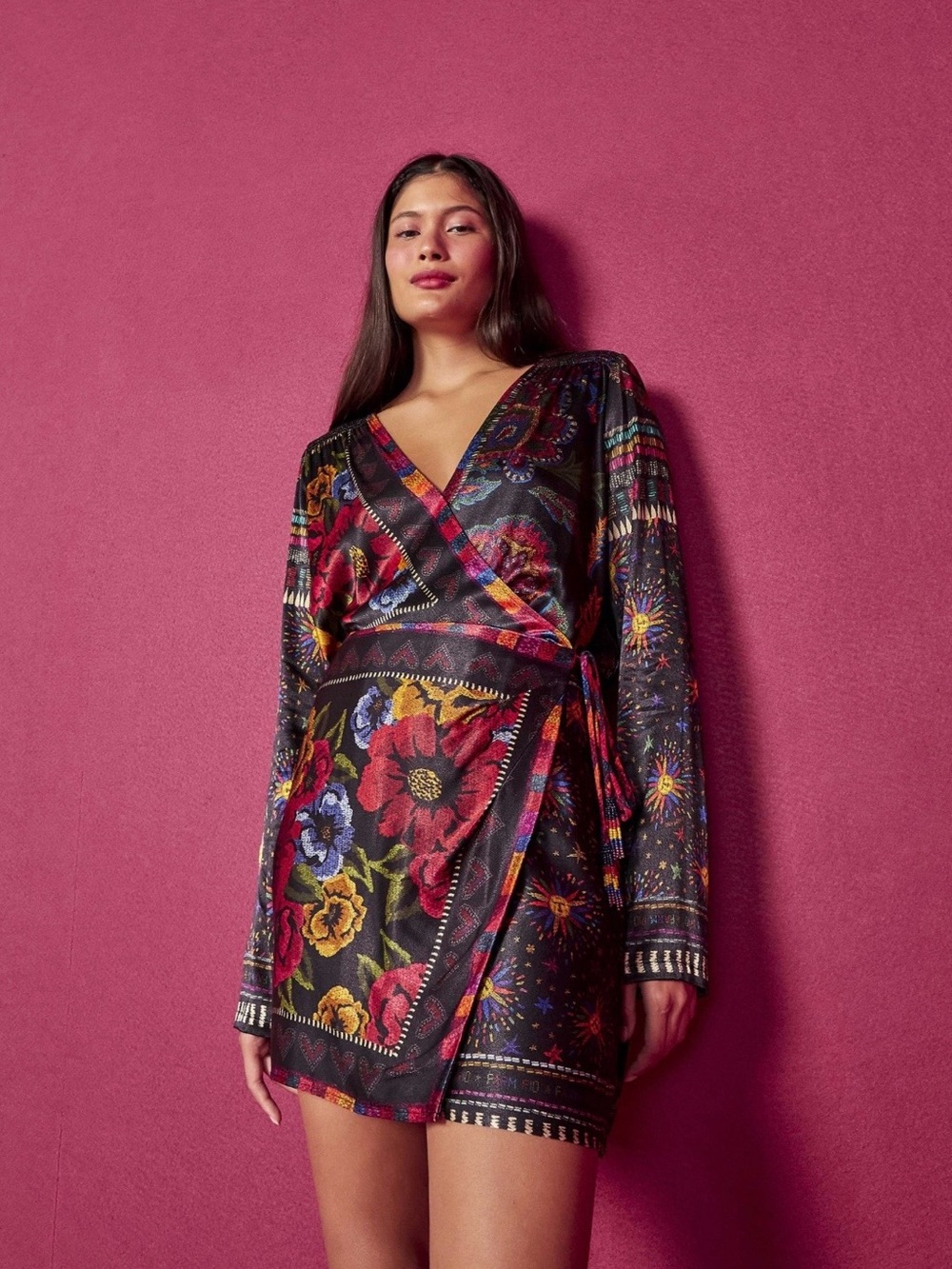 Farm Rio Black Mixed Scarves Mini Dress